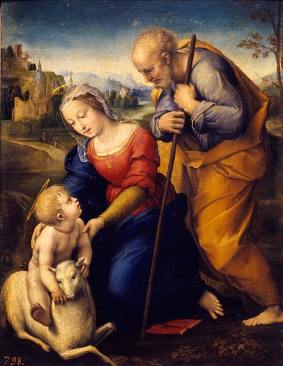 圣家有羔羊。 Raffaello Sanzio dit Raphael (1483-1520) 的绘画 作者 拉斐尔