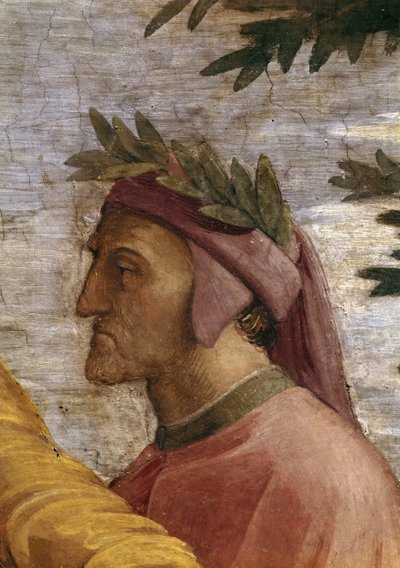 争议。细节：但丁-阿利吉耶里（Dante Alighieri）的壁画在Stanza della Segnatura，约1510-1511。 作者 拉斐尔