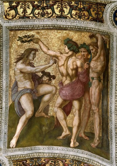 马西亚斯和阿波罗。在Stanza della Segnatura的天花板壁画，约1510-1511。 作者 拉斐尔