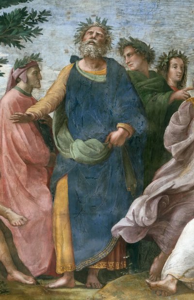 帕纳索斯》。细节 壁画在Stanza della Segnatura，约1510-1511。 作者 拉斐尔