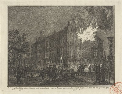 阿姆斯特丹市政厅火灾，1762 年 1762 年 10 月 12 日至 13 日夜间阿姆斯特丹市政厅发生火灾的图片（物品上的标题） 作者 雷尼尔·温克勒斯（一）