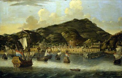的黎波里（利比亚）海岸外的荷兰船只，以及港口和城市的坚固城墙。Reinier Nooms（1623-1667 年）的油画作品。 作者 雷尼尔·塞曼
