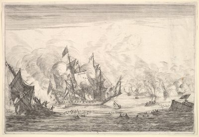 海军战斗与左边的英国舰船奠基人，来自纽埃海峡海军战役，1652-54年。 作者 雷尼尔·塞曼