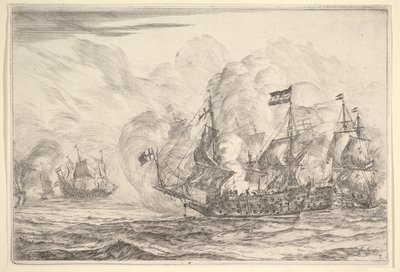 海军遭遇，右边有三艘船，来自海战Nieuwe Scheeps Bat ...，1652-54。 作者 雷尼尔·塞曼