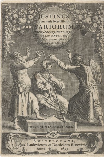 密涅瓦和两条锁链
扉页：A. Thysius, Justinus cum notis selectissimis variorum Berneggerj, Bongarsy, Vossy, Thysy, &c, 1659年 作者 Lowijs Elzevier (III) 和 Daniel