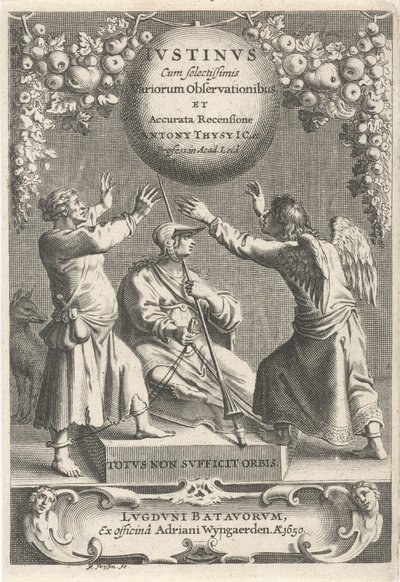 密涅瓦和两条锁链
扉页：A. Thysius, Justinus cum selectissimis variorum observationibus et accurata recensione, 1650 作者 阿德里安·维恩加登