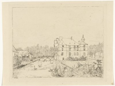 坎南伯奇堡侧视图，入口桥附近有房屋 作者 Reinierus Albertus Ludovicus baron van Isendoorn à Blois