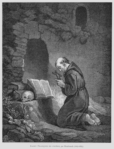 阿西西的圣方济各祈祷（平版）。 作者 伦勃朗·哈门斯（Rembrandt Harmensz）。范·里恩（之后）