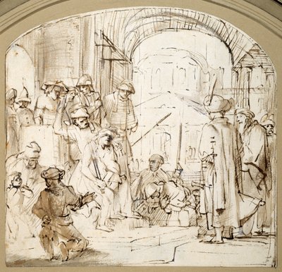 被嘲笑的基督（纸上水墨画笔）。 作者 伦勃朗·哈门斯（Rembrandt Harmensz）。范里恩（学校）