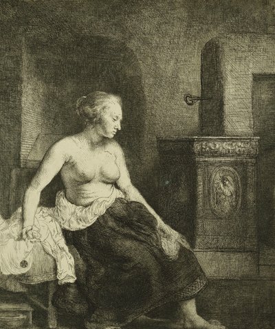 1658年，一个坐在炉子旁边的女人 作者 伦勃朗·范·赖恩