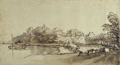 Kostverloren之家附近的阿姆斯特尔河弯道，1650年代初（纸上水墨和体彩的笔墨）。 作者 伦勃朗·哈门斯。范赖恩