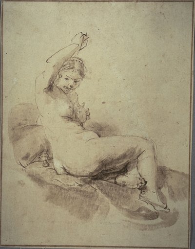 高举手臂的女性裸体卧像，约 1665 年（钢笔和棕色墨水、毛笔和棕色水彩，印在棕褐色平纹纸上） 作者 伦勃朗·哈门斯。范赖恩