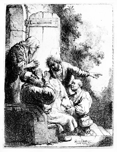 约瑟夫带给雅各布的外套，约 1633 年（蚀刻版画） 作者 Rembrandt Harmensz. van Rijn