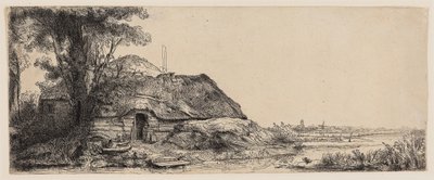 有一座小屋和一棵大树的风景画 作者 伦勃朗·哈门斯。范赖恩