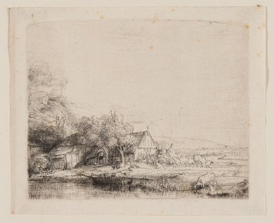 有牛喝水的风景，c.1650（象牙色纸上的蚀刻和干画） 作者 伦勃朗·哈门斯。范赖恩