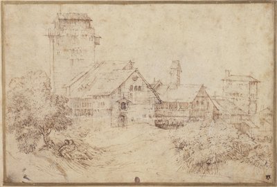 建筑物和恋人相拥的风景，仿照提香的作品（纸上红粉笔、棕墨）。 作者 伦勃朗·哈门斯。范赖恩