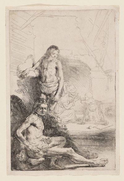 坐着和站着的男性裸体，c.1646（象牙色纸上蚀刻） 作者 伦勃朗·哈门斯。范赖恩