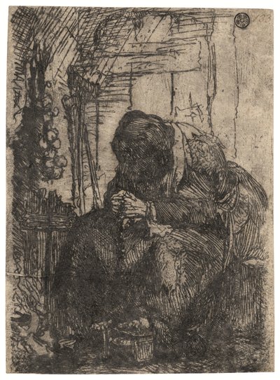 坐在小屋中的老妇人，墙上挂着一串洋葱，约 1629 年（蚀刻版画） 作者 伦勃朗·哈门斯。范赖恩