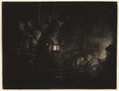 牧羊人的崇拜》：夜景作品，约 1657 年（象牙白板纸上的黑色蚀刻版画、干点画和錾刻版画） 作者 伦勃朗·哈门斯。范赖恩