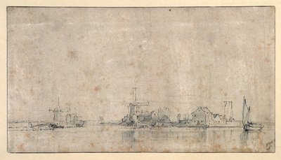 阿姆斯特尔河在奥姆瓦尔，约1650-53（纸上水墨笔）。 作者 伦勃朗·哈门斯。范赖恩