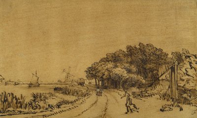 Amstel 上的景色：Amsteldijk 通往 Trompenburg 的道路，约 1649-50 年（纸上笔墨，棕色水洗和白色体色） 作者 伦勃朗·哈门斯。范赖恩