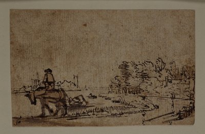 阿姆斯特尔河上的景色，一匹马拖着一艘驳船，约1650年（纸上笔墨加棕色水墨）。 作者 伦勃朗·哈门斯。范赖恩