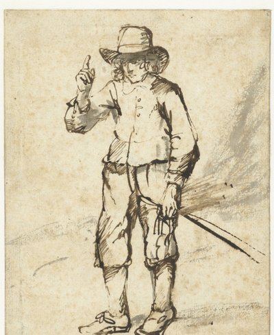 手持鞭子举起右手的站立男孩 作者 Rembrandt van Rijn (学校)