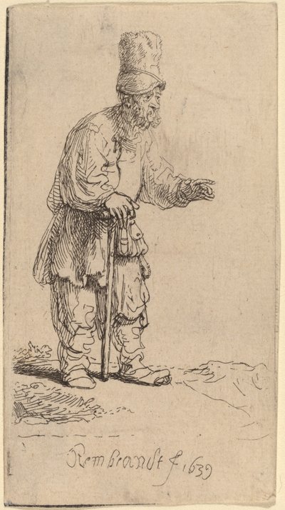 一个戴着高帽的农民，靠在一根棍子上站着 作者 Rembrandt van Rijn