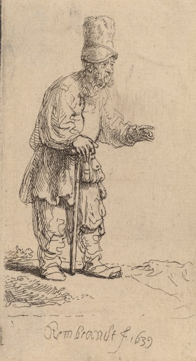 一个戴着高帽的农民，靠在一根棍子上站着，1639年。 作者 Rembrandt van Rijn