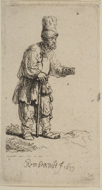 高帽农民，站在木棍上，1639年。 作者 Rembrandt van Rijn