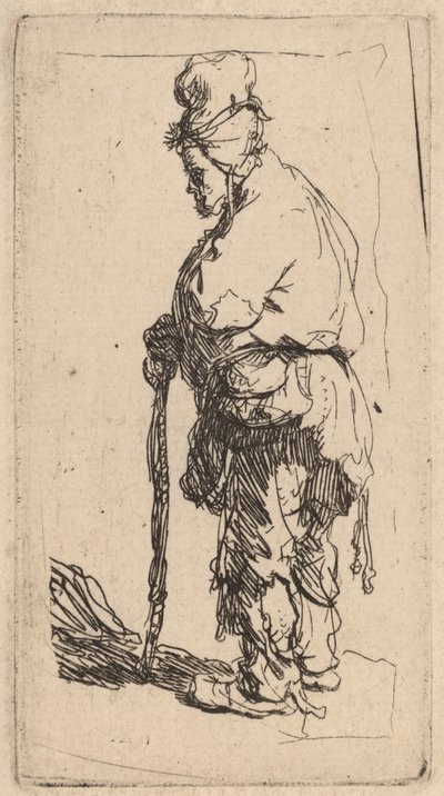 拄着棍子的乞丐，面向左边 作者 Rembrandt van Rijn