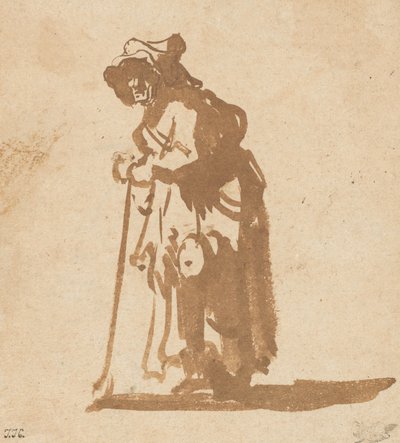拄着棍子的乞丐妇女，16281630。 作者 伦勃朗·范·赖恩
