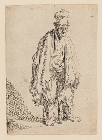 头戴高帽、站立倚杖的乞丐 作者 Rembrandt van Rijn