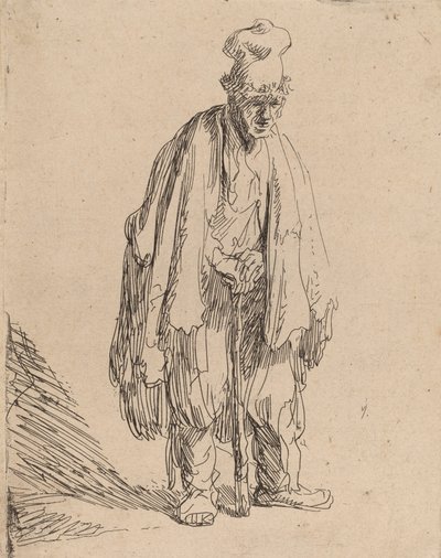 戴高帽的乞丐，站着靠在一根棍子上，约1630年。 作者 Rembrandt van Rijn