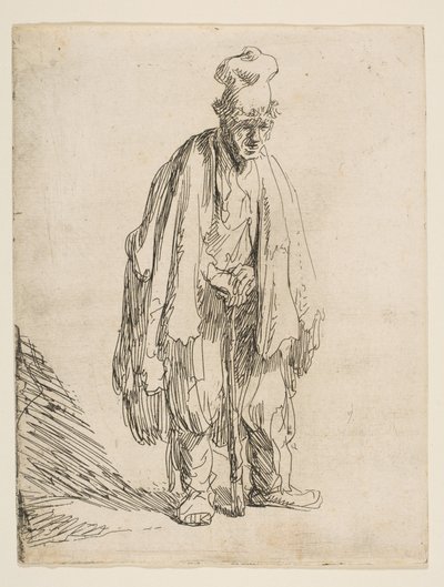 戴着高帽子的乞eg，站着，靠在棍子上，约。 1629。 作者 Rembrandt van Rijn