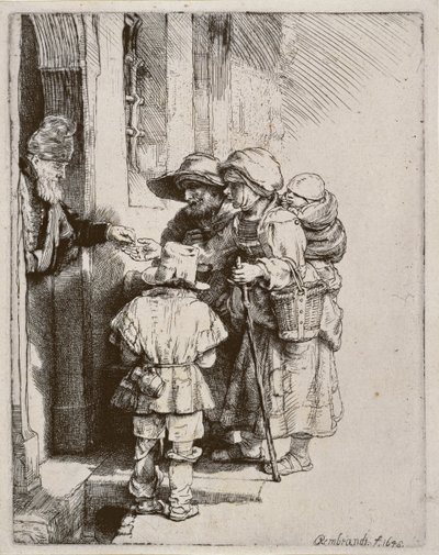 乞丐在房子的门口接受施舍，1648（干点雕刻） 作者 Rembrandt van Rijn