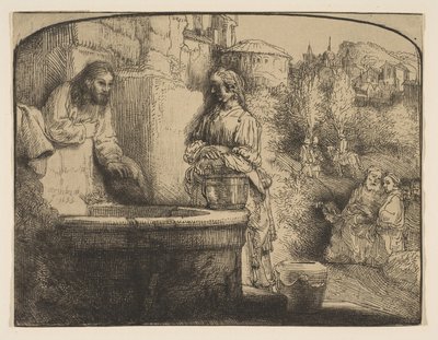 基督与撒玛利亚妇女：拱形版画，1658年。 作者 伦勃朗·范·赖恩
