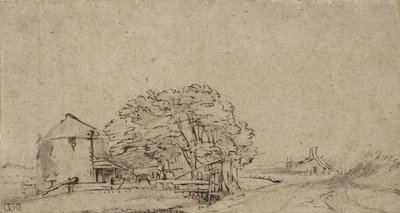 农场建筑旁边一条道路与遥远的农庄，1650-69（笔和棕色墨水与灰色洗在纸上） 作者 伦勃朗·范·赖恩