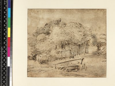 树下的农舍，带人行桥，1650年（笔和墨水在纸上洗） 作者 伦勃朗·范·赖恩