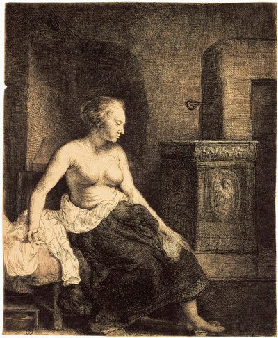 1658年，一个炉子半裸的女人。 作者 Rembrandt van Rijn