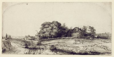 与Haybarn和一群羊一起景观，c.1652（在纸上蚀刻和干点） 作者 Rembrandt van Rijn