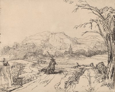 有运动员和狗的风景，约1653年。 作者 伦勃朗·范·赖恩