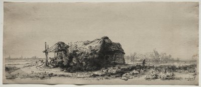 带小屋和干草谷仓的风景：长方形，1641年。 作者 伦勃朗·范·赖恩