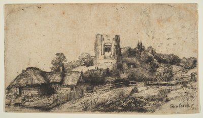 与一个方形塔的风景，1650年。 作者 伦勃朗·范·赖恩