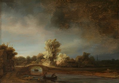 与一座石桥梁的风景。约于1638年 作者 伦勃朗·范·赖恩