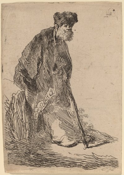 穿着大衣和毛皮帽的男子靠在银行旁边 作者 Rembrandt van Rijn
