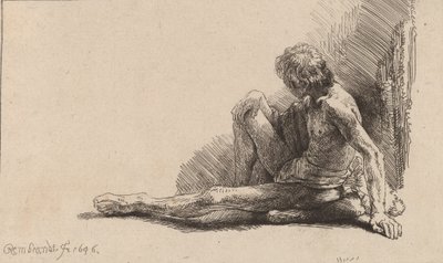 坐在地上的裸体男子，单腿伸展，1646年。 作者 伦勃朗·范·赖恩
