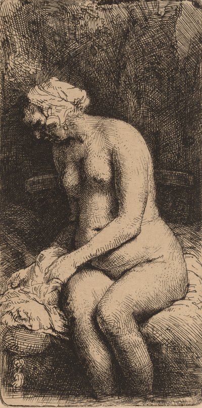 坐在长椅上的裸体，带着枕头的女人在小溪边沐浴她的脚，1658年。 作者 伦勃朗·范·赖恩