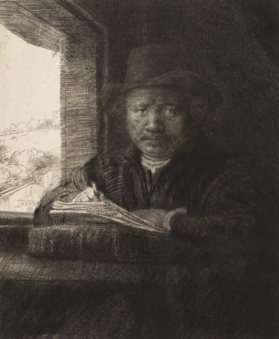 窗户前的自画像蚀刻，1648., 1648. 作者 伦勃朗·范·赖恩
