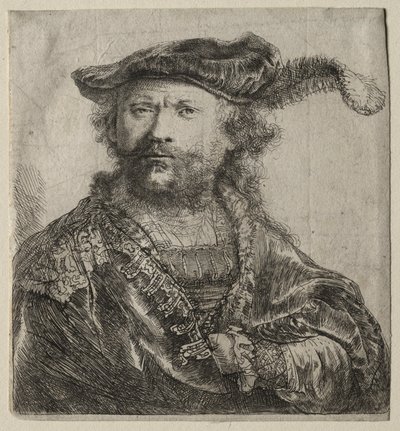 带羽毛的天鹅绒帽自画像，1638年。 作者 伦勃朗·范·赖恩